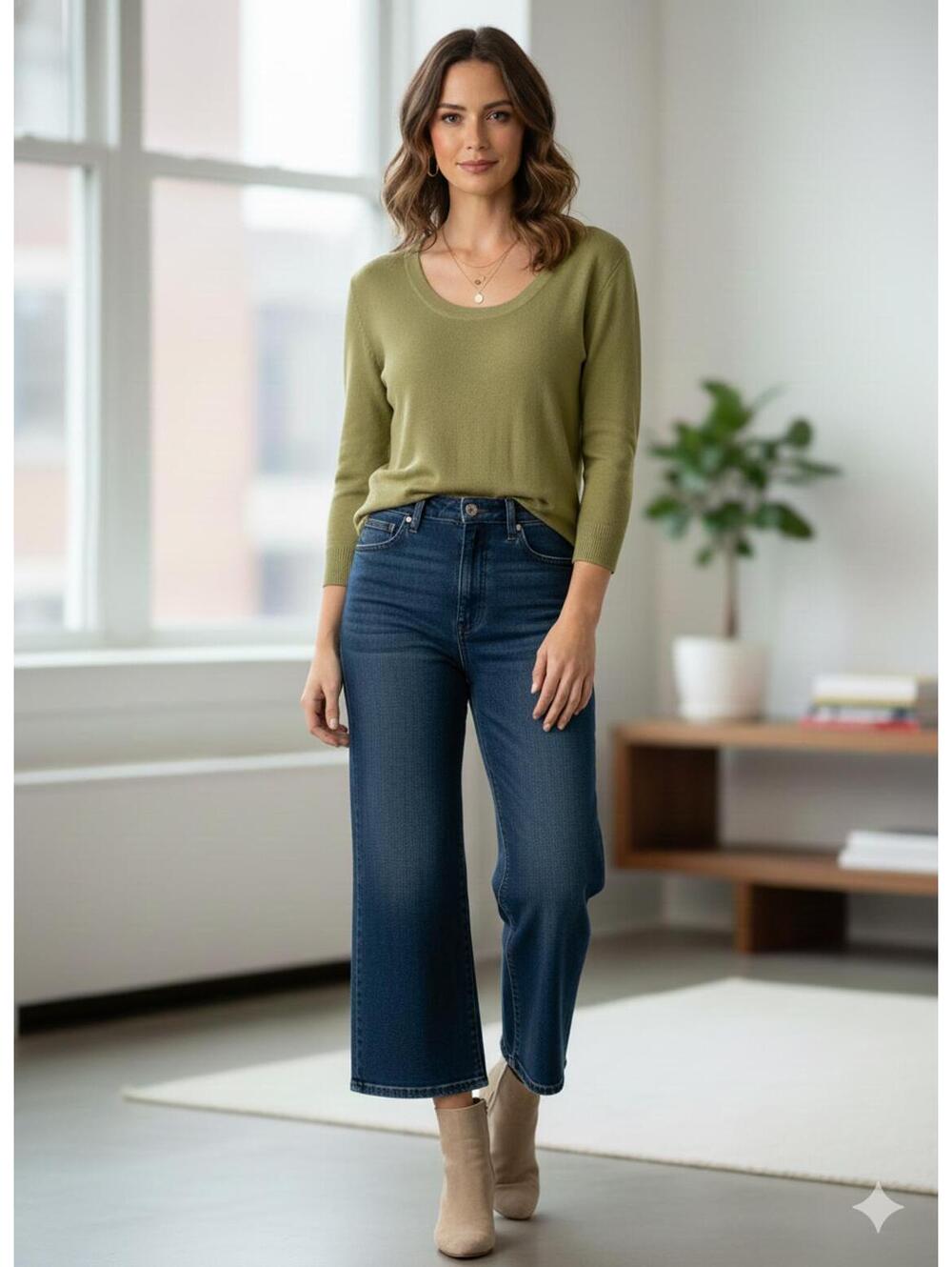 JOSEPH A. - Green Silk Blend Scoop Neck 3/4 Sleeve Knit Sweater - M
